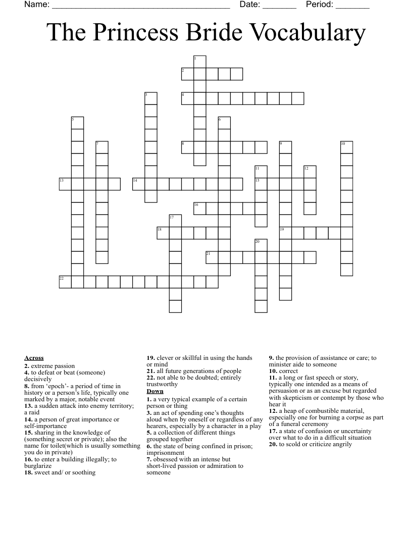 The Princess Bride Vocabulary  Crossword