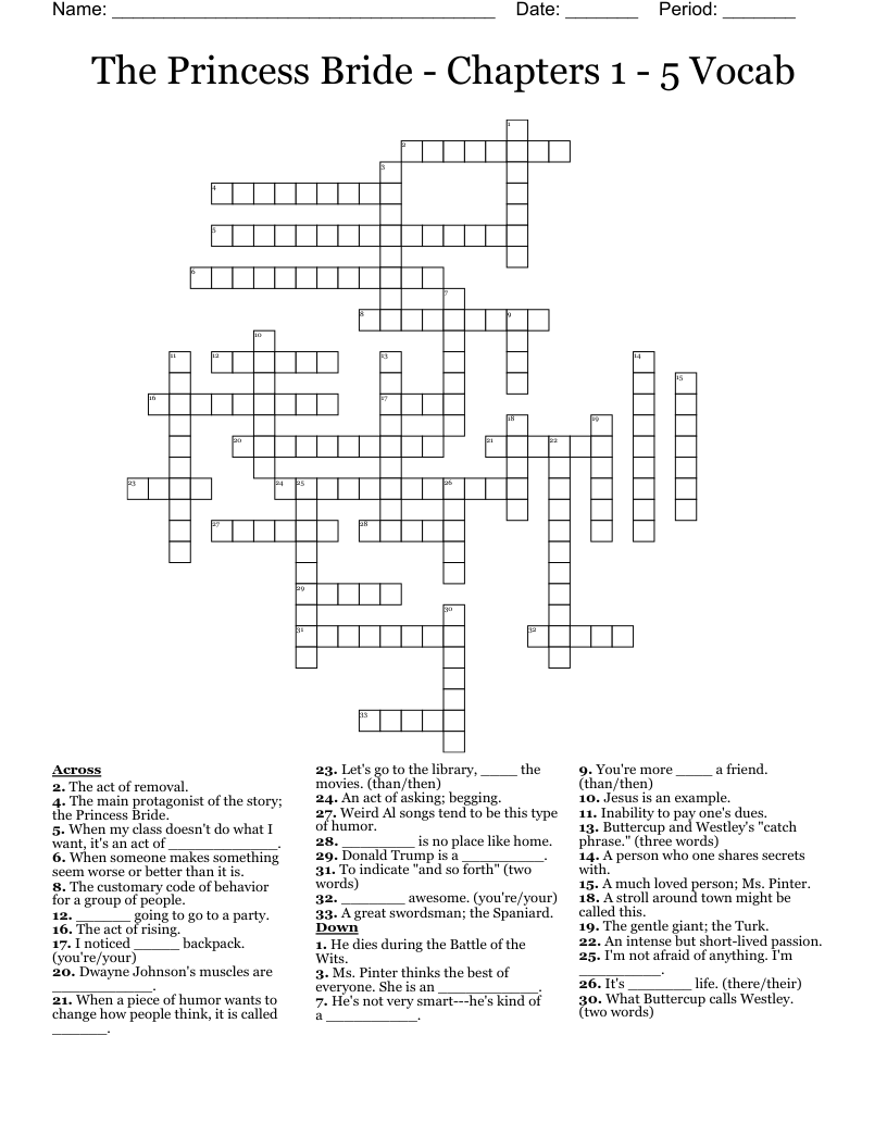 The Princess Bride - Chapters 1 - 5 Vocab Crossword