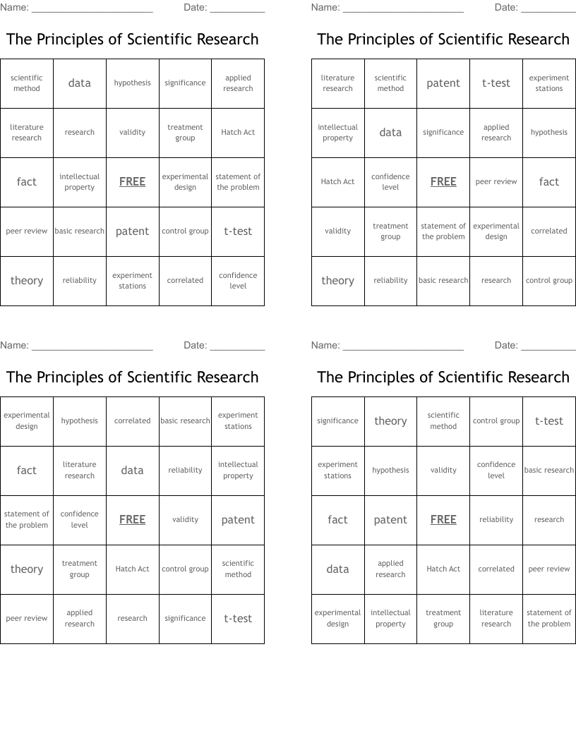 The Principles of Scientific Research Bingo Cards