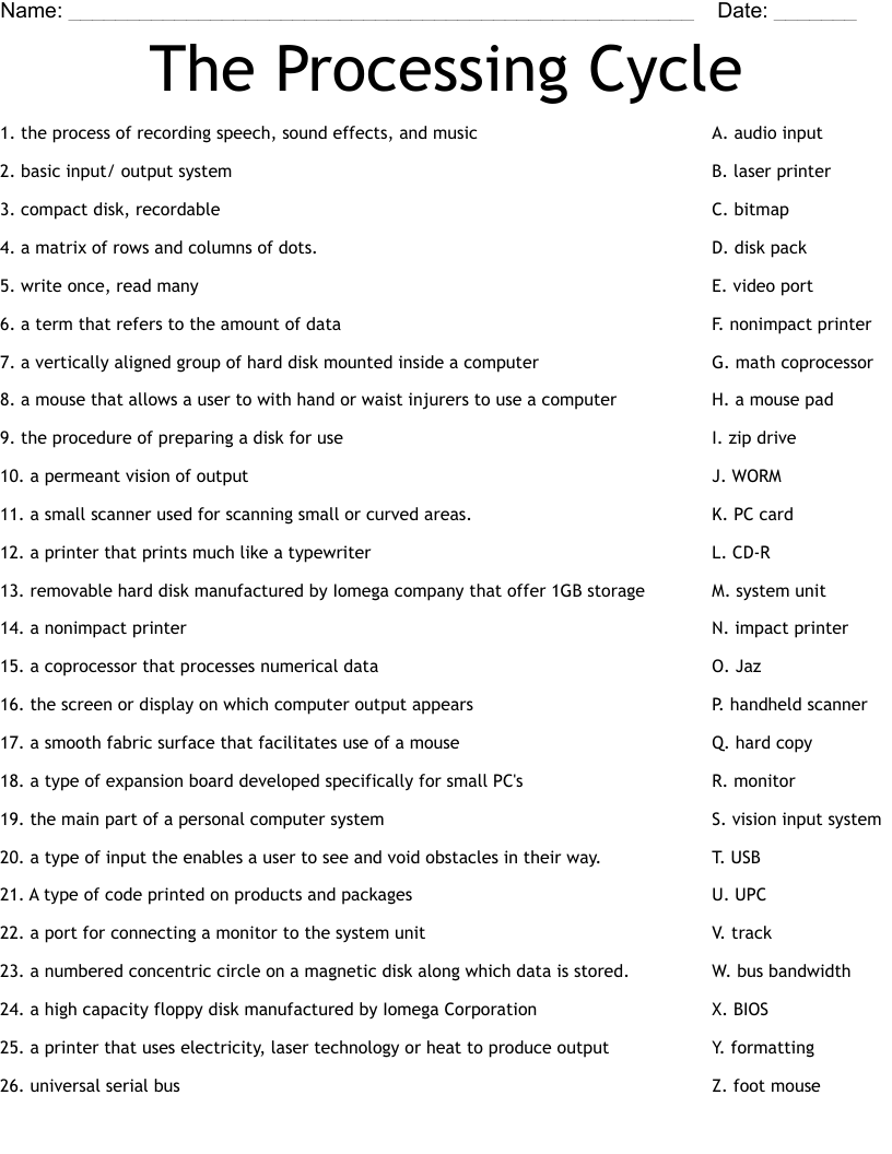 The Processing Cycle Worksheet