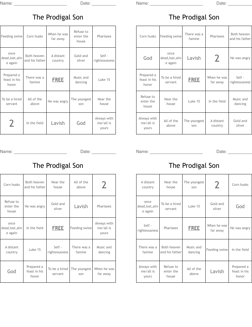 The Prodigal Son Bingo Cards