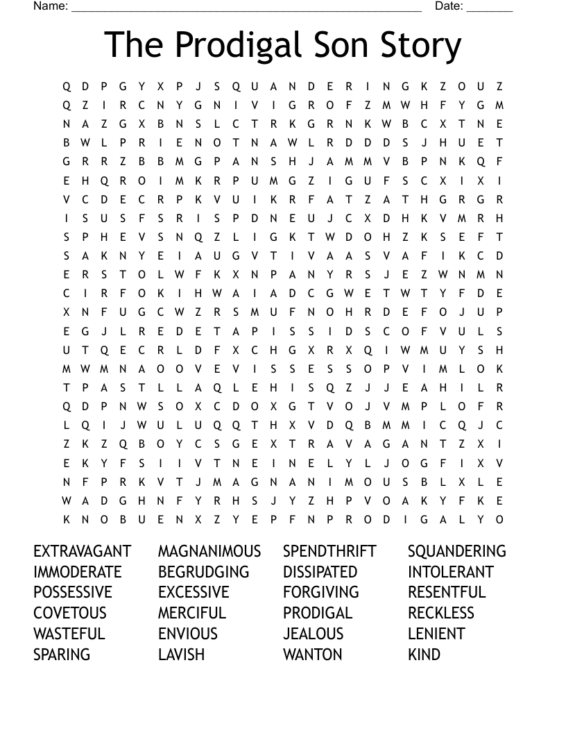 The Prodigal Son Story Word Search