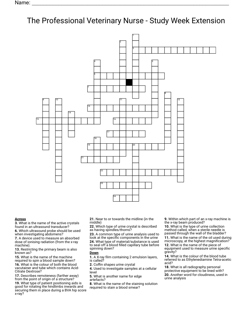 The Professional Veterinary Nurse - Study Week Extension  Crossword