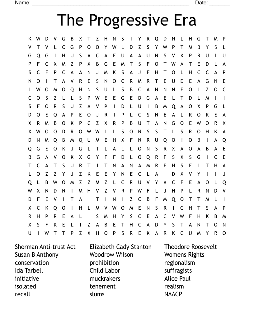 The Progressive Era Word Search