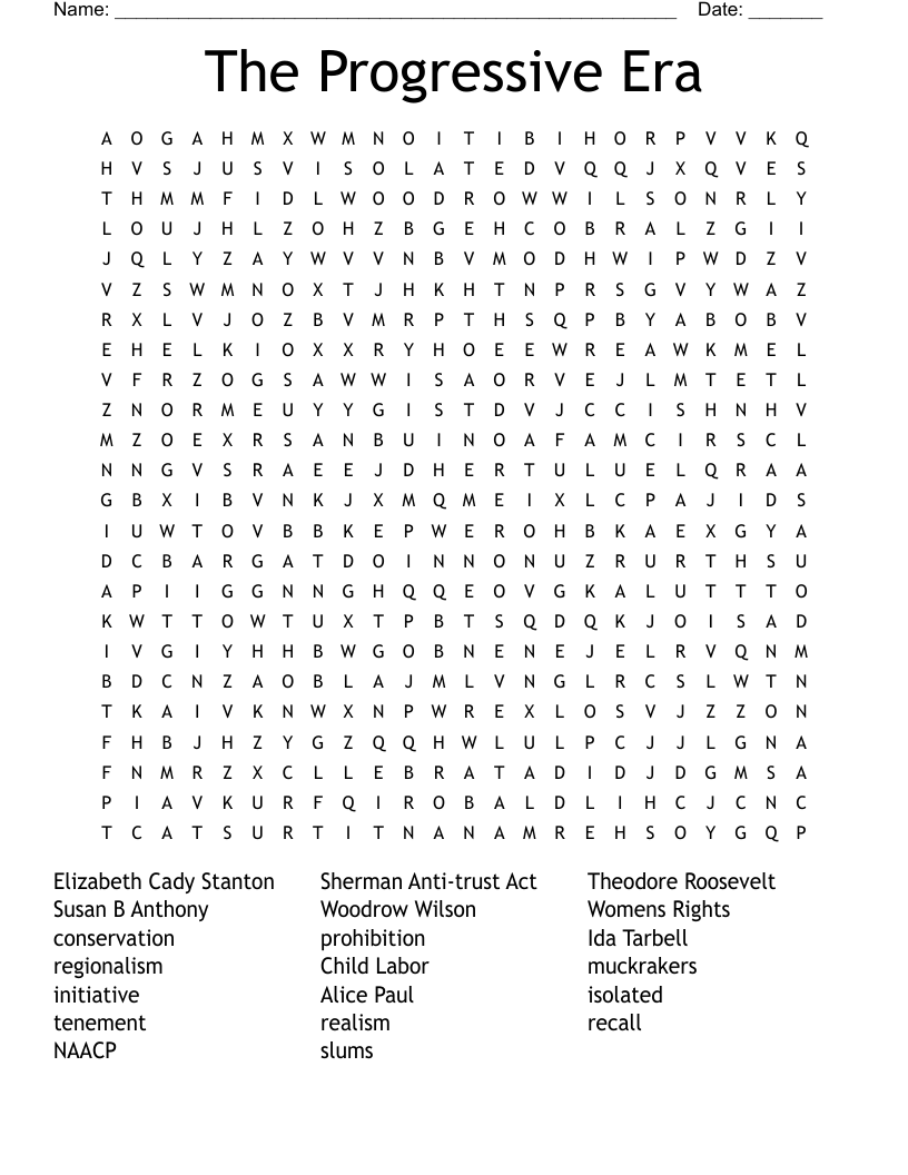 The Progressive Era Word Search