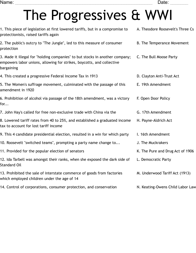 The Progressives & WWI Worksheet