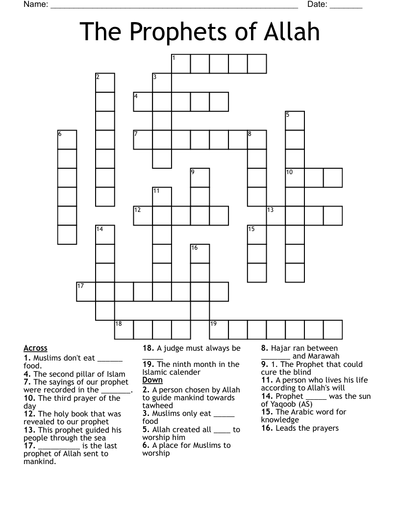 The Prophets of Allah  Crossword