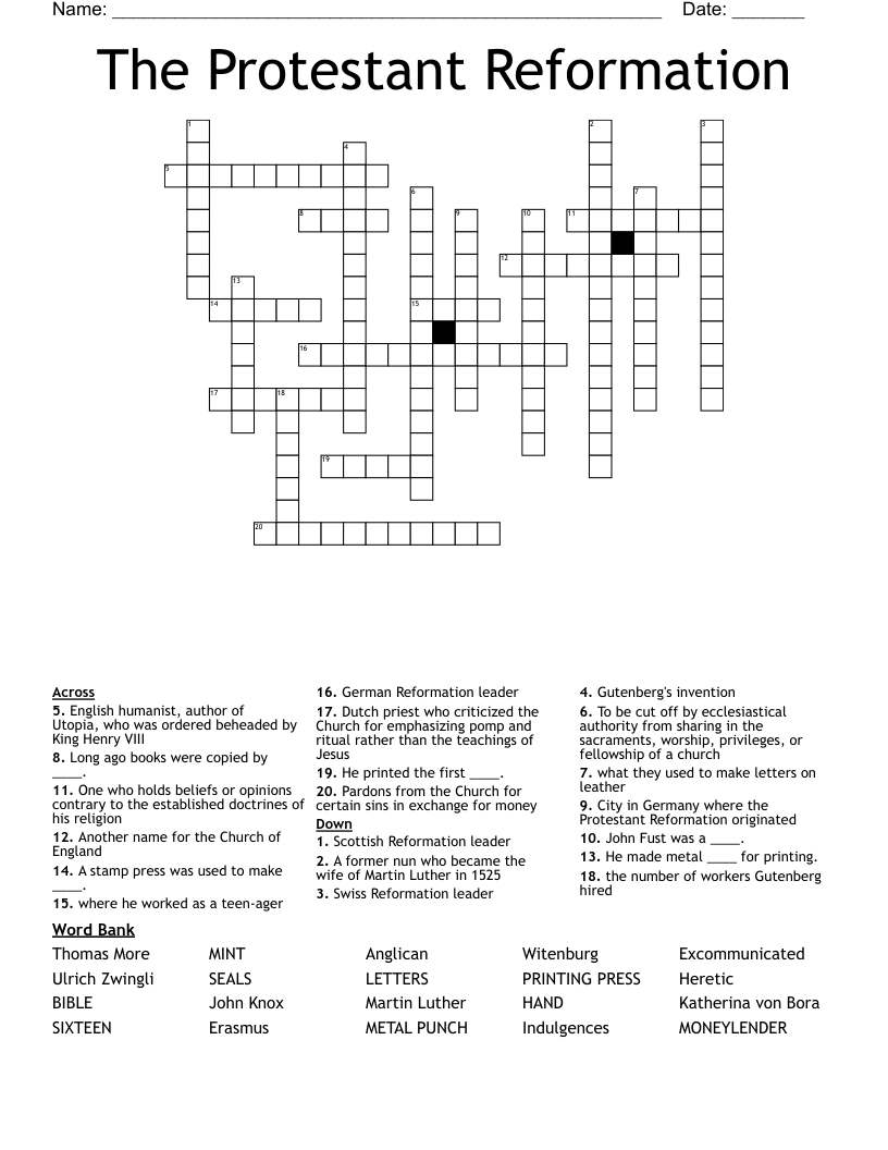 The Protestant Reformation Crossword