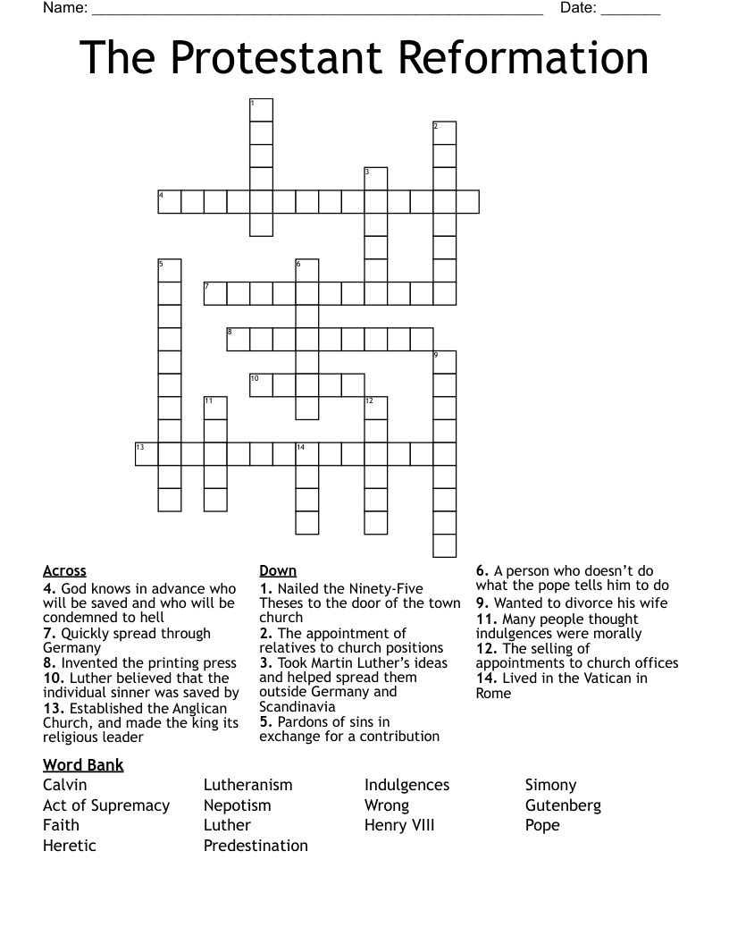 The Protestant Reformation Crossword