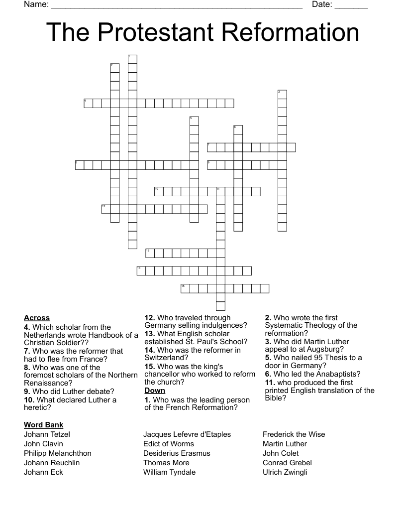 The Protestant Reformation Crossword