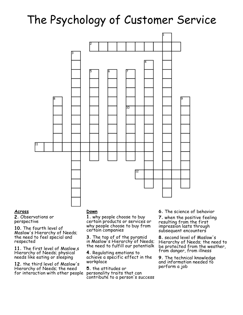 The Psychology of Customer Service  Crossword