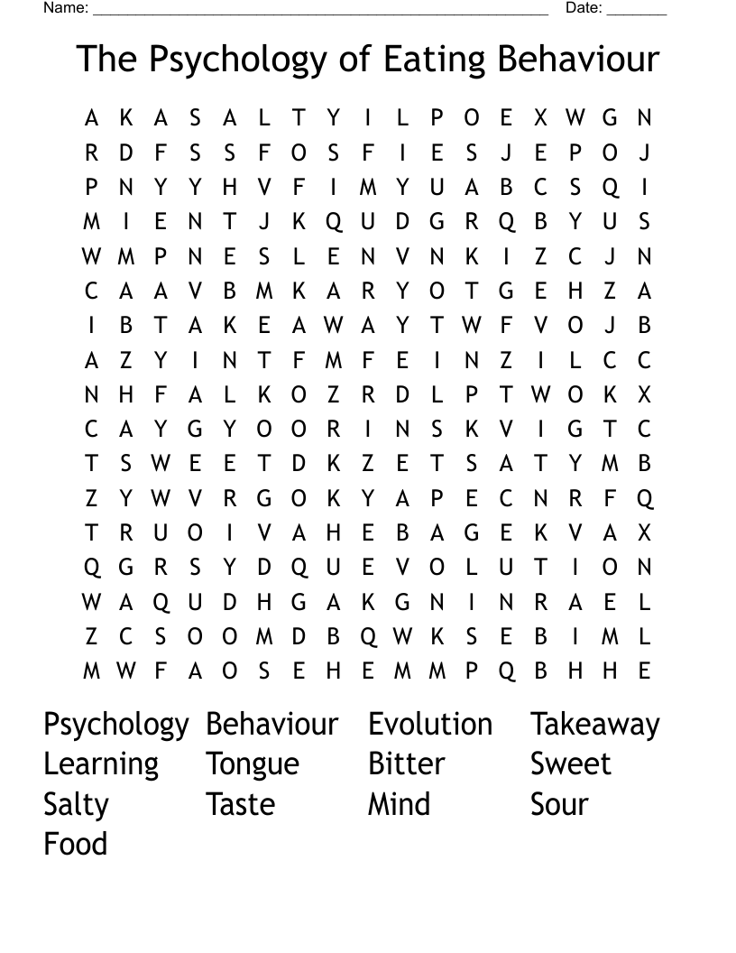 The Psychology of Eating Behaviour Word Search