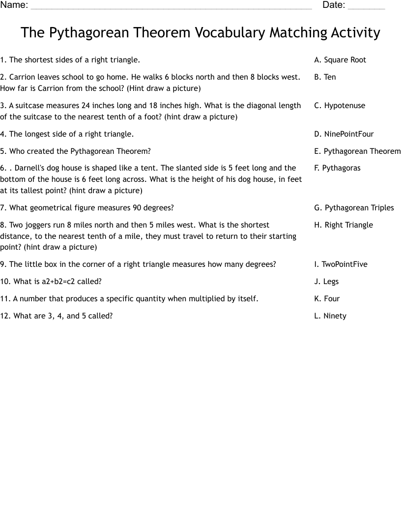 The Pythagorean Theorem Vocabulary Matching Activity Worksheet