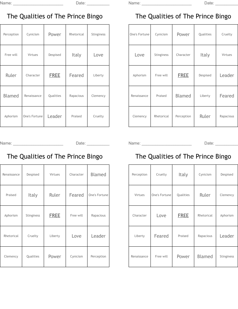 The Qualities of The Prince Bingo