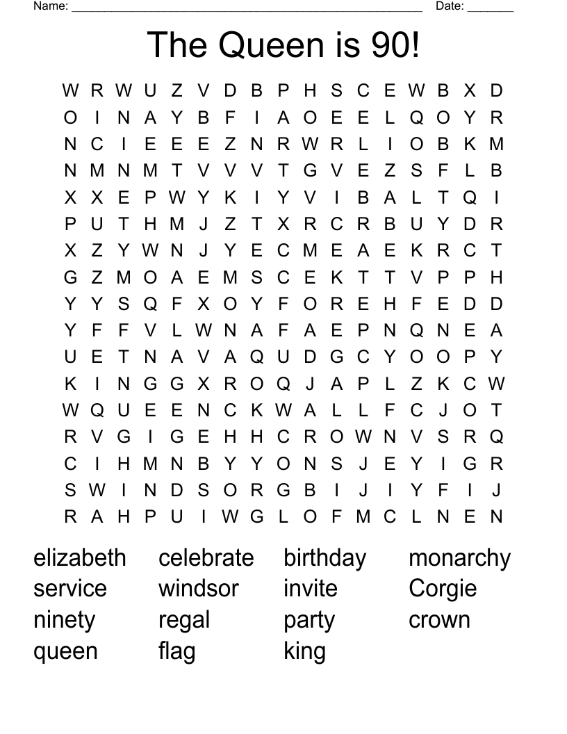 The Queen is 90! Word Search