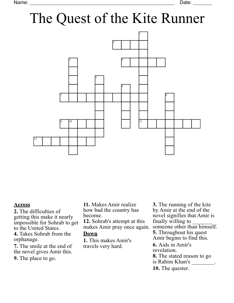 The Quest of the Kite Runner  Crossword