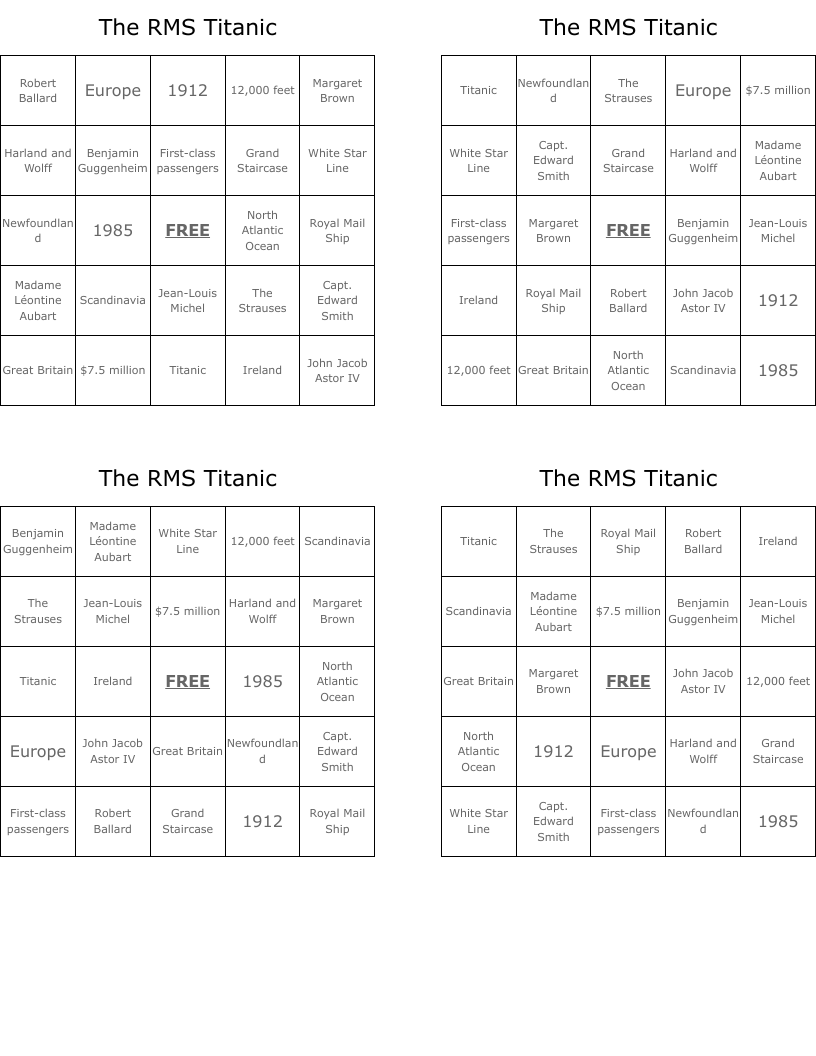 The RMS Titanic Bingo Cards