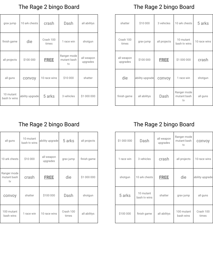 The Rage 2 bingo Board