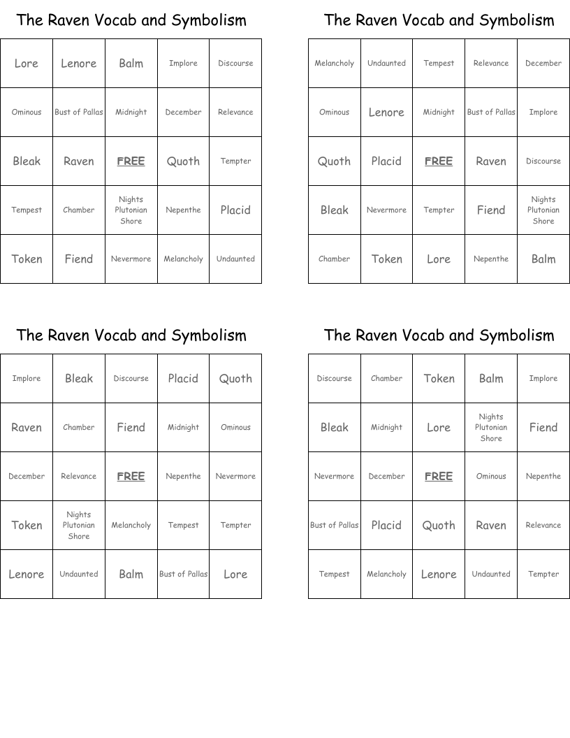 The Raven Vocab and Symbolism Bingo Cards