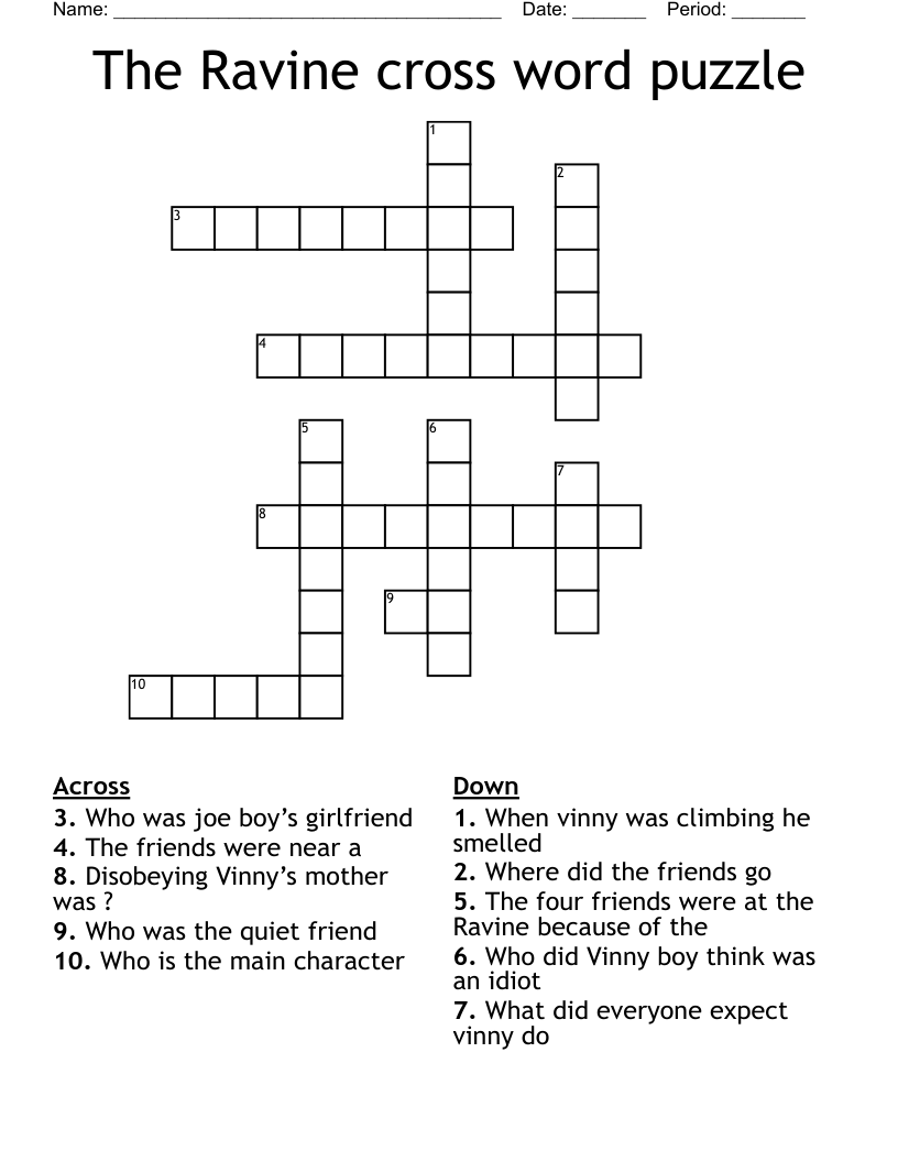 The Ravine cross word puzzle