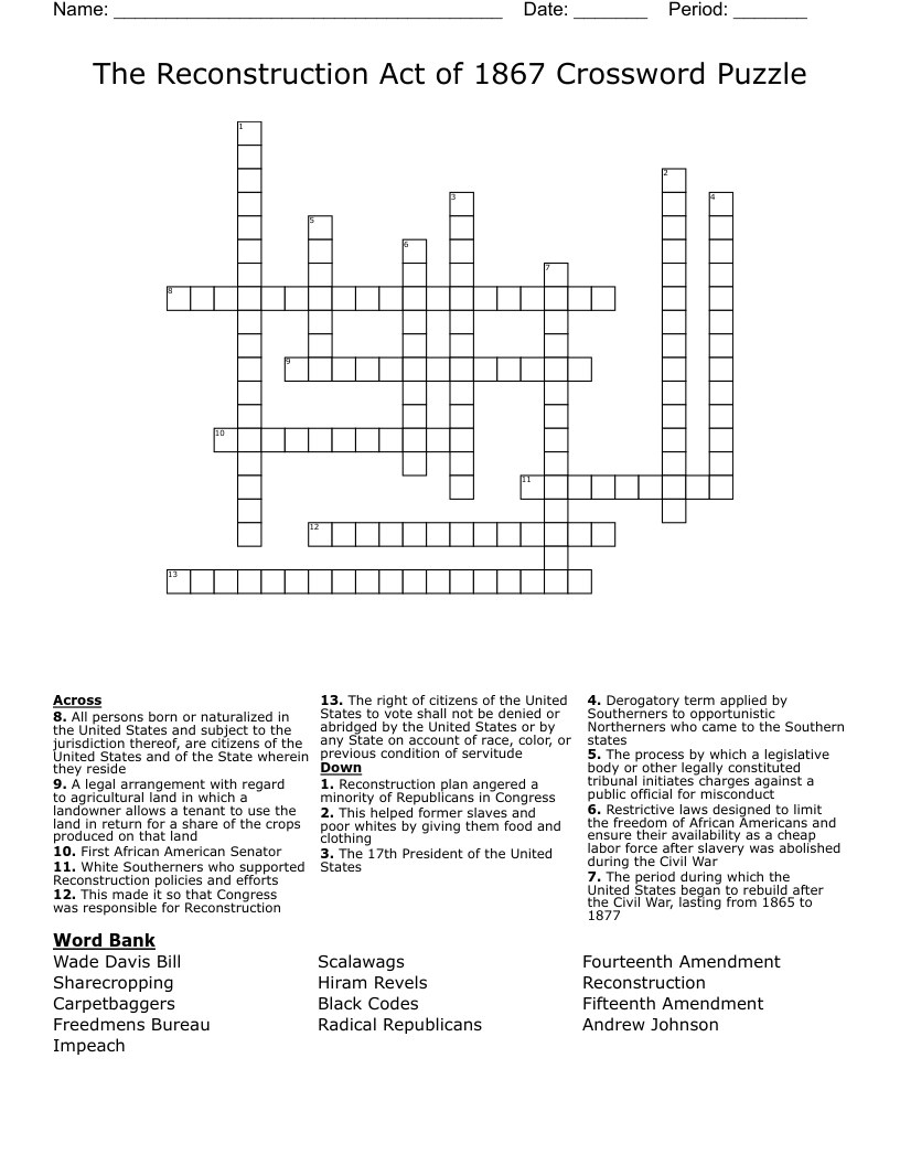 The Reconstruction Act of 1867 Crossword Puzzle