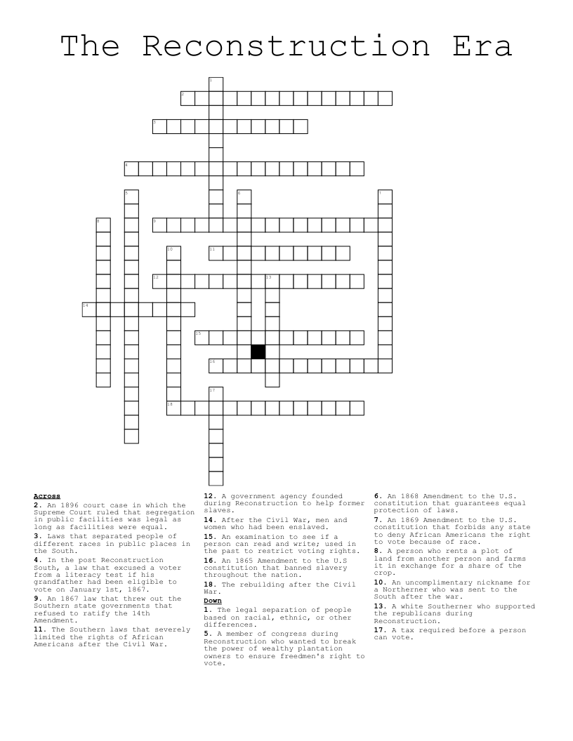 The Reconstruction Era Crossword
