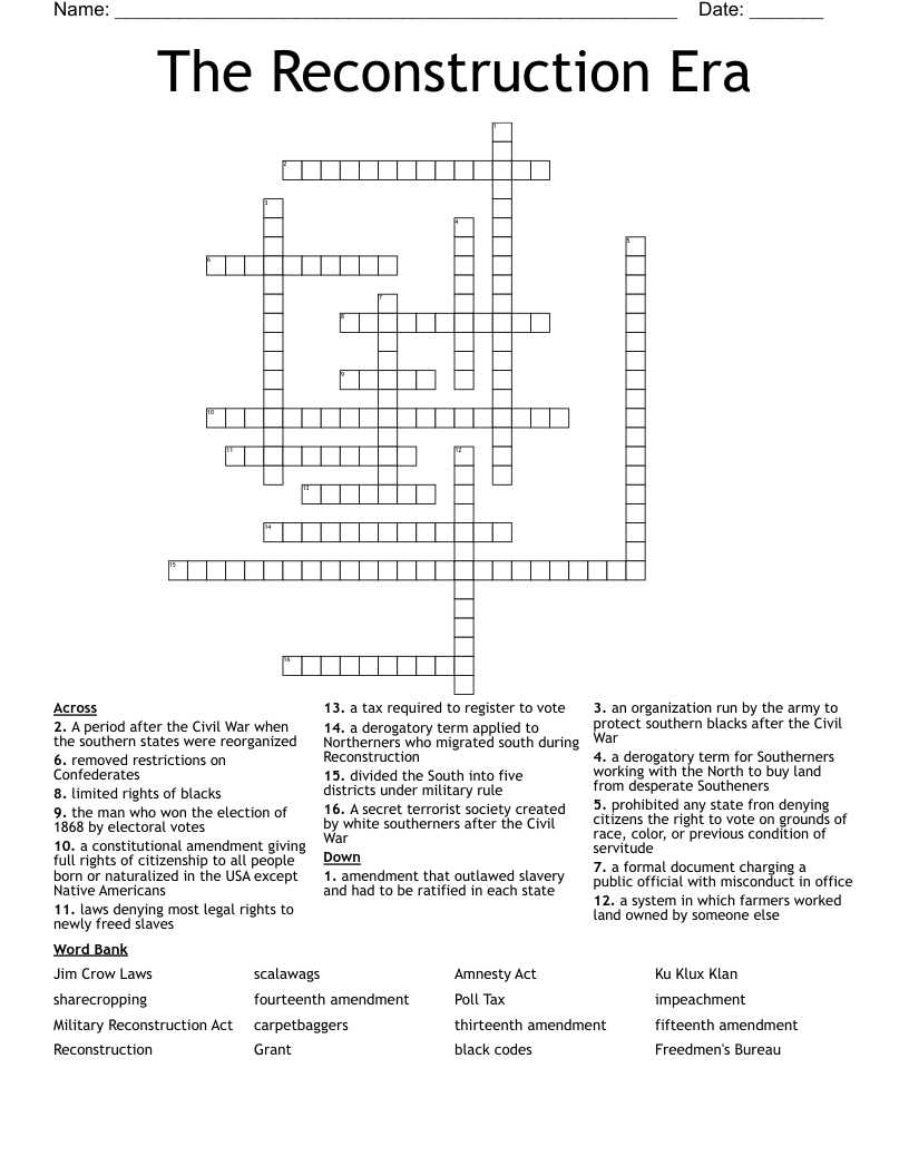 The Reconstruction Era Crossword