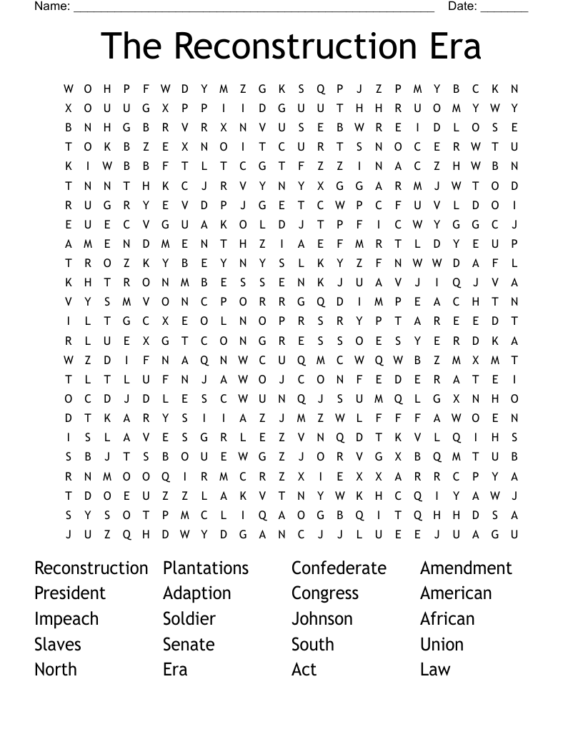 The Reconstruction Era Word Search