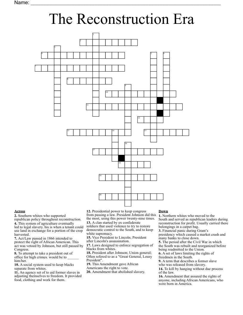 The Reconstruction Era Crossword