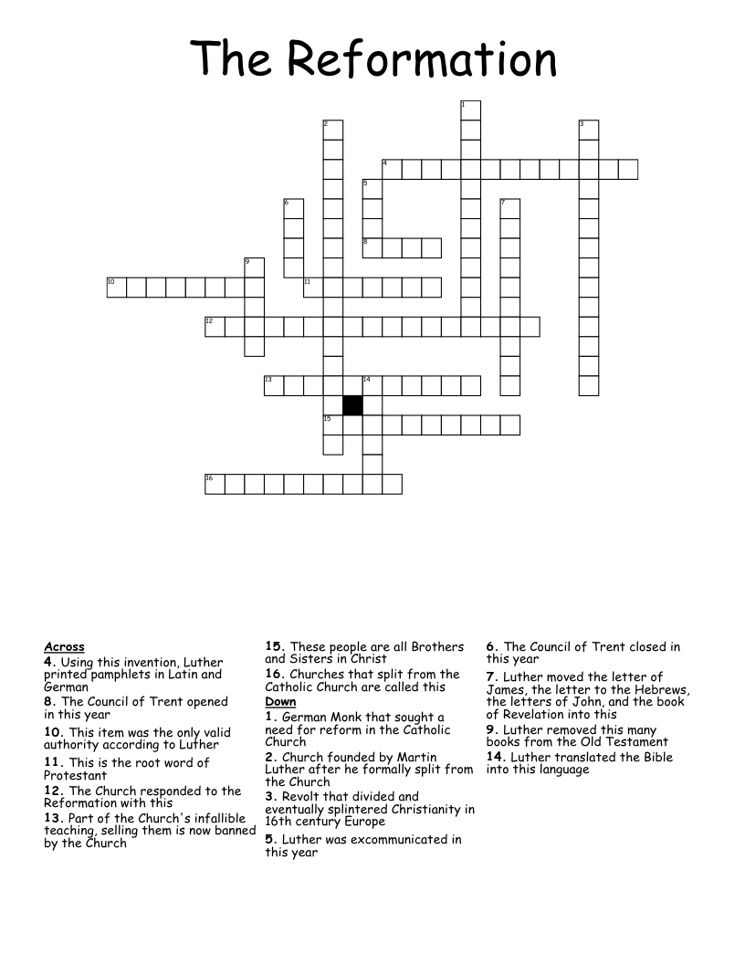 The Reformation  Crossword