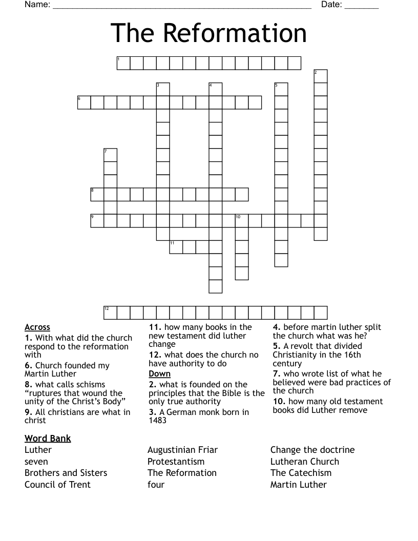 The Reformation  Crossword
