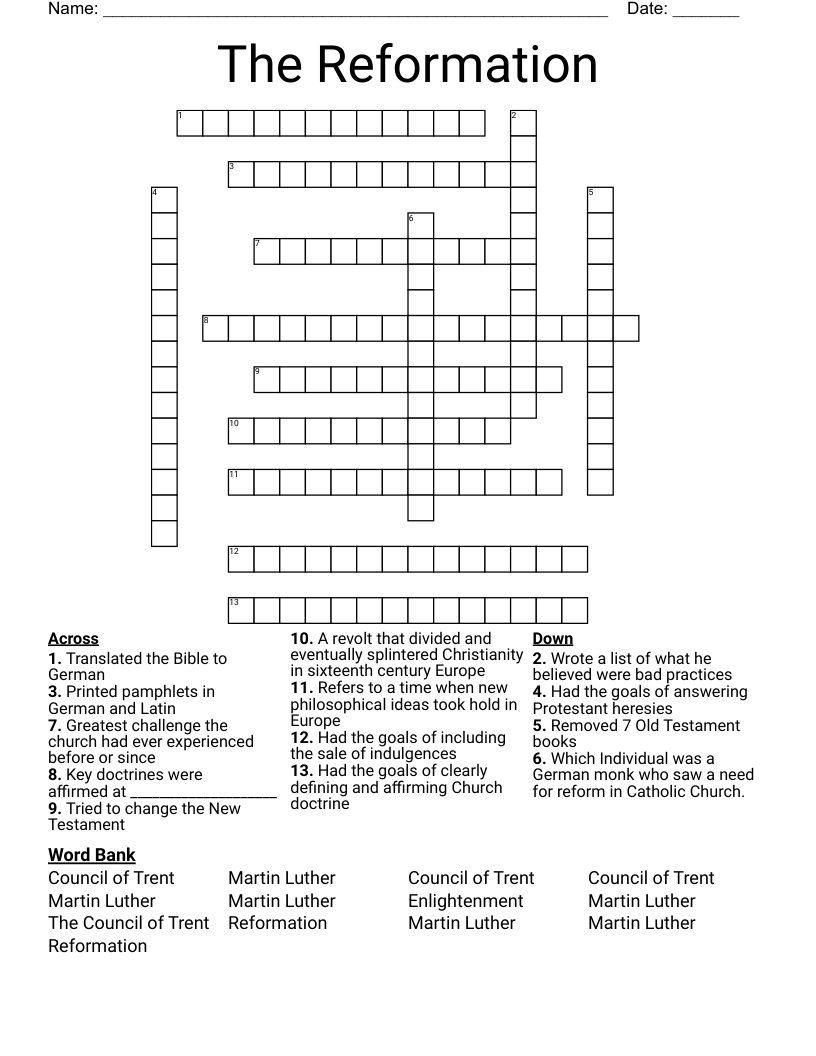 The Reformation  Crossword