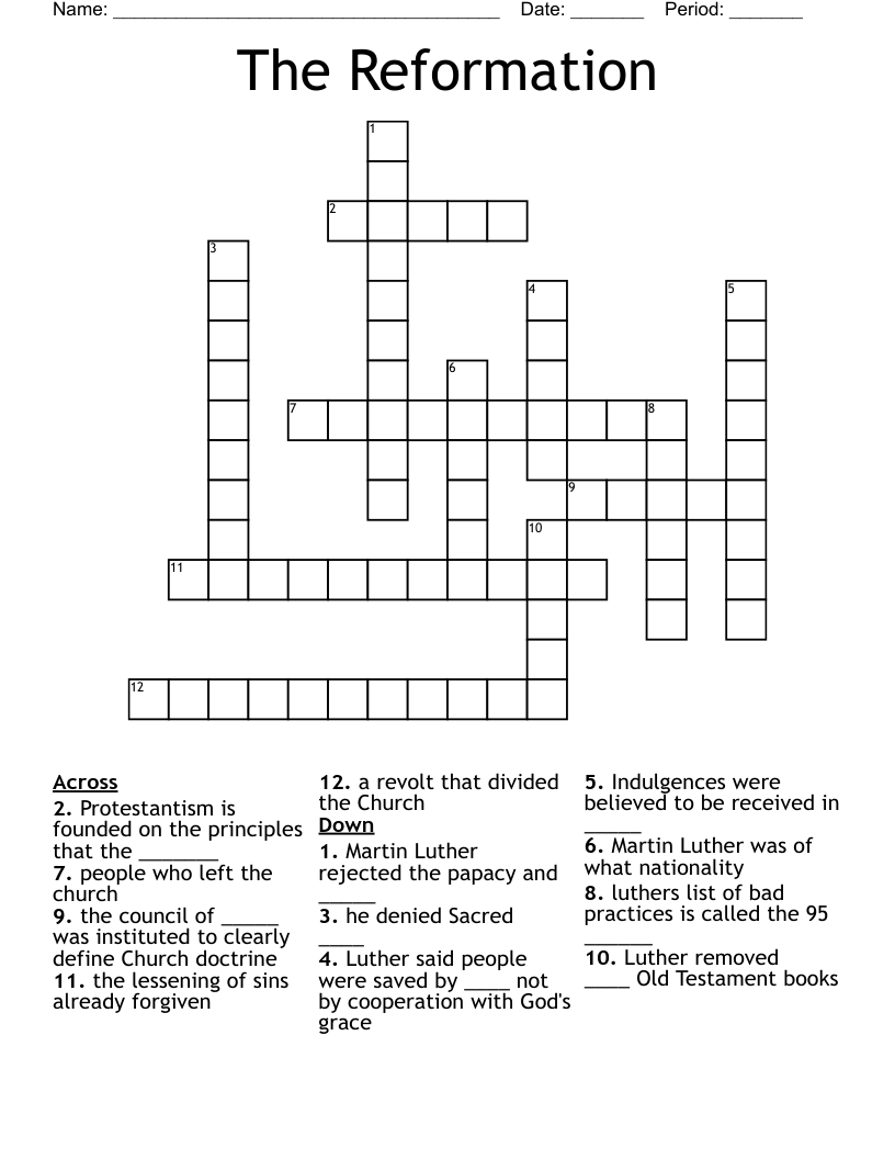The Reformation  Crossword
