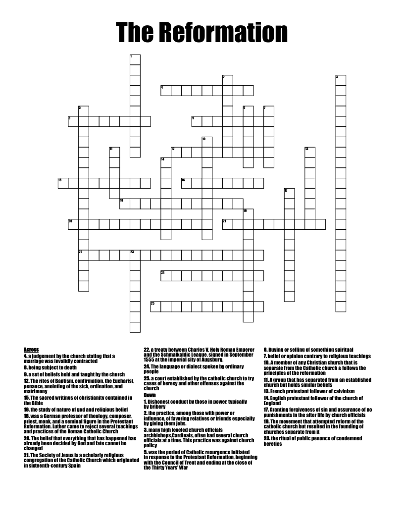 The Reformation  Crossword