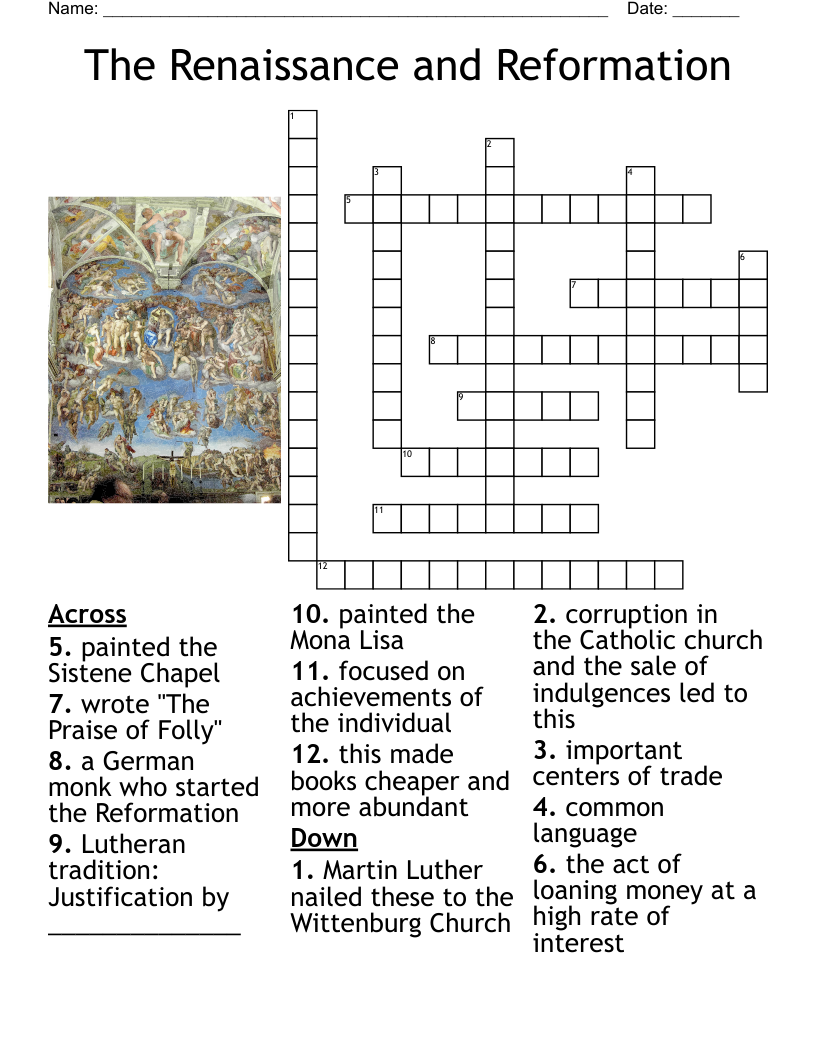 The Renaissance and Reformation Crossword