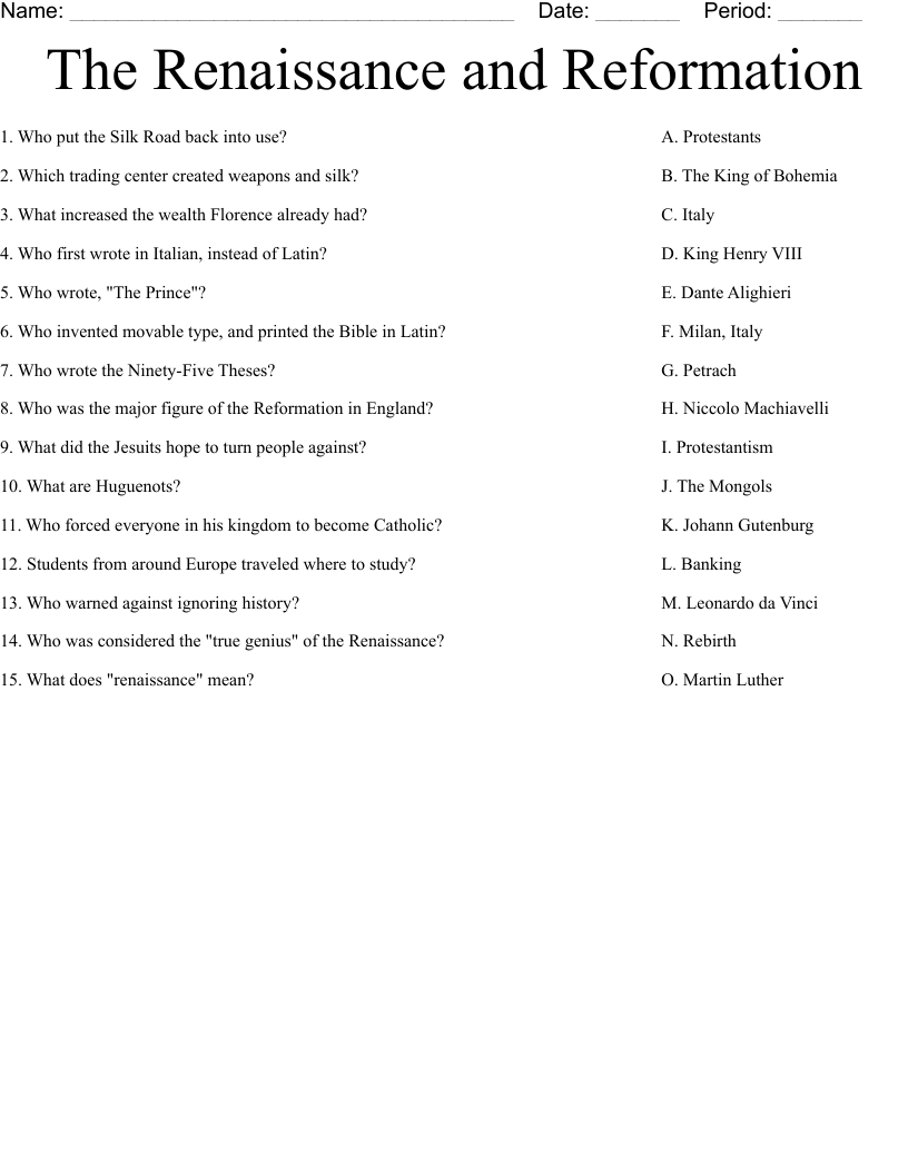 The Renaissance and Reformation Worksheet
