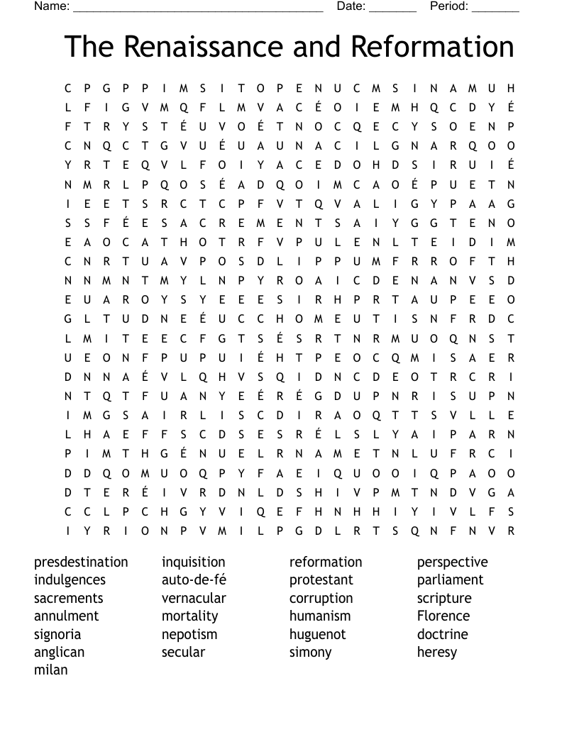 The Renaissance and Reformation  Word Search