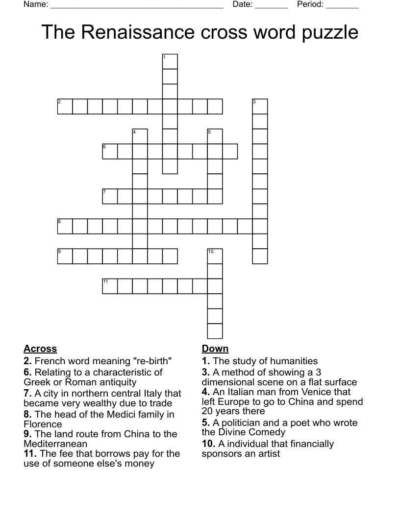The Renaissance cross word puzzle