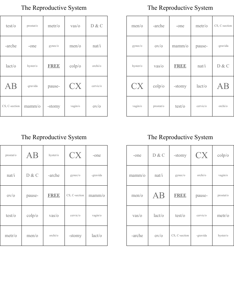 The Reproductive System Bingo Cards