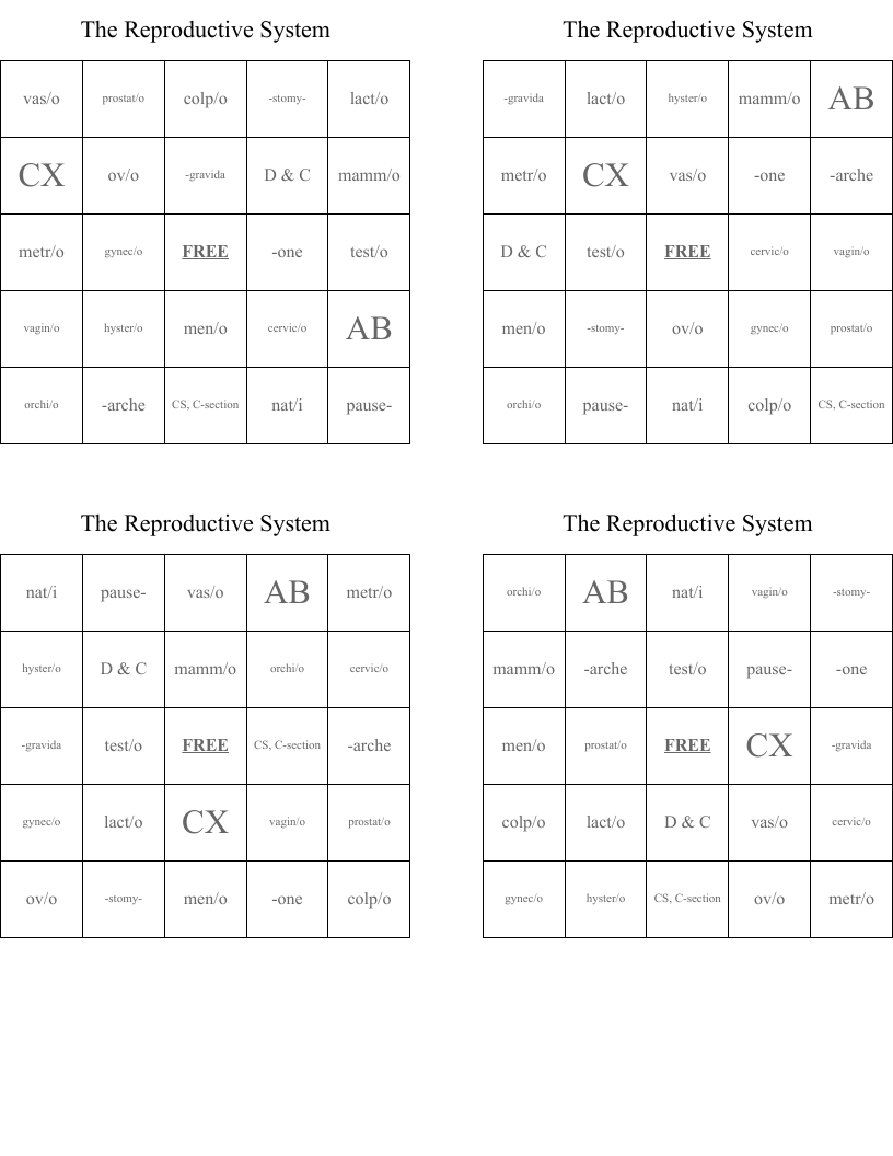 The Reproductive System Bingo Cards