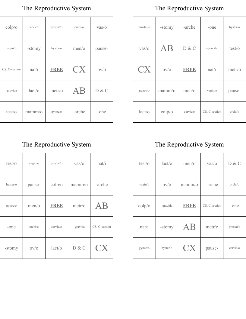 The Reproductive System Bingo Cards