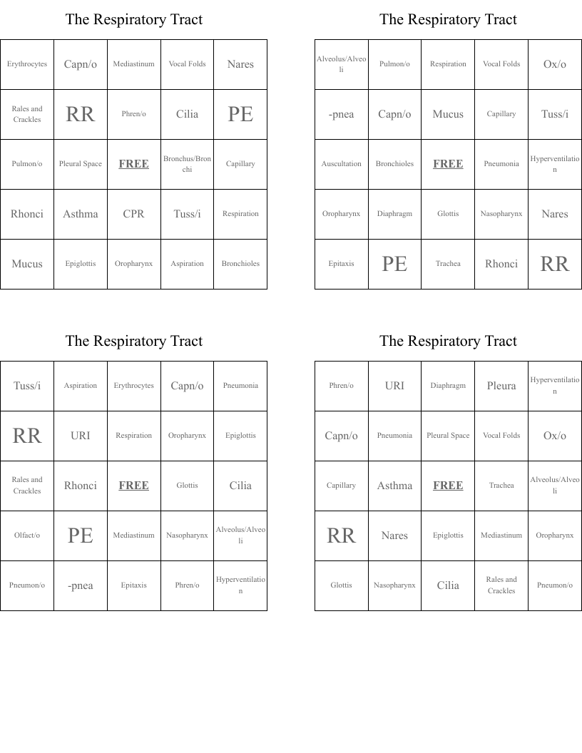 The Respiratory Tract Bingo Cards