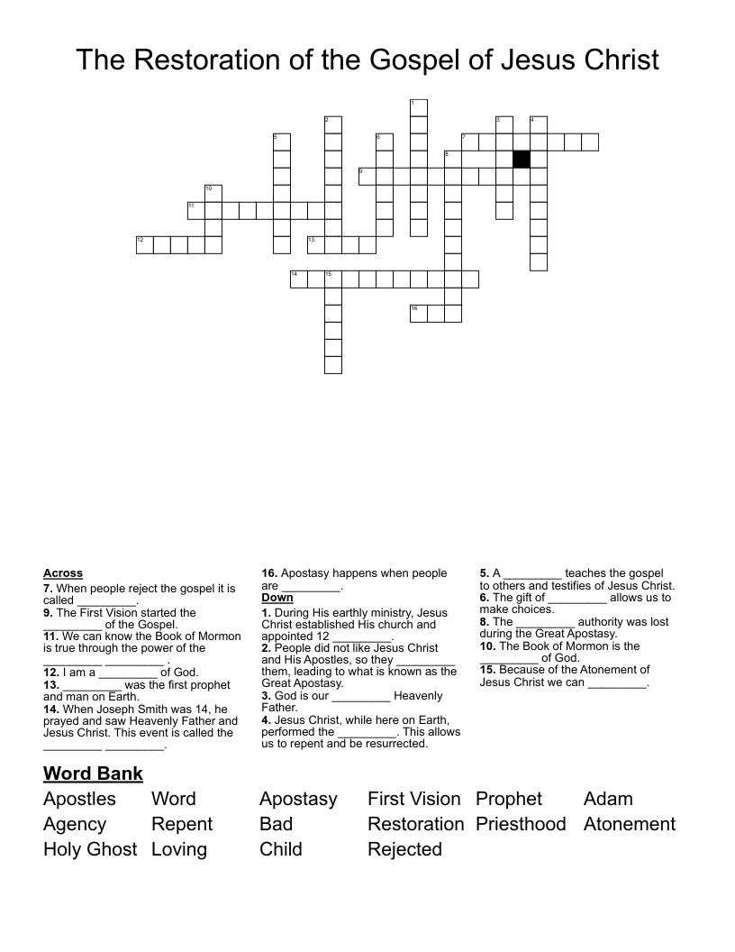 The Restoration of the Gospel of Jesus Christ Crossword
