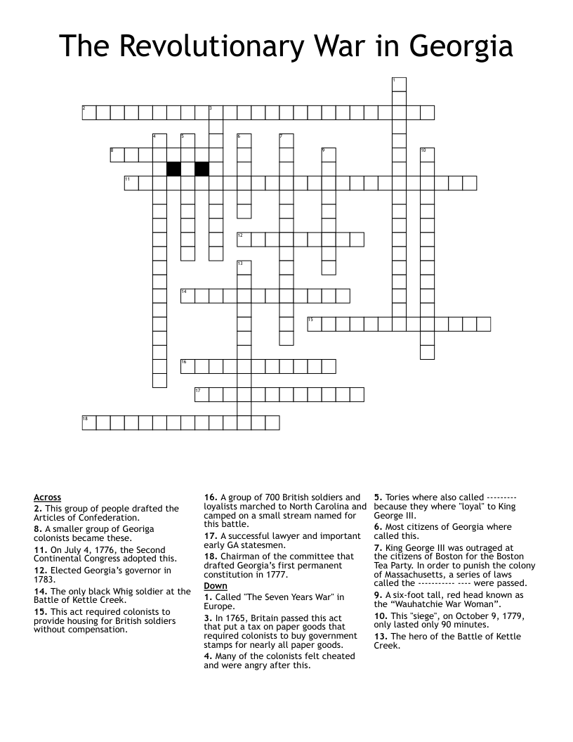 The Revolutionary War in Georgia Crossword