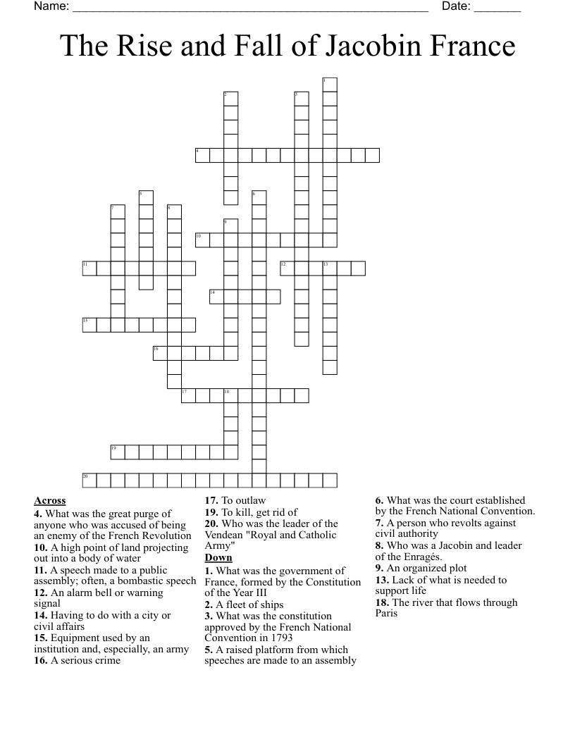 The Rise and Fall of Jacobin France Crossword