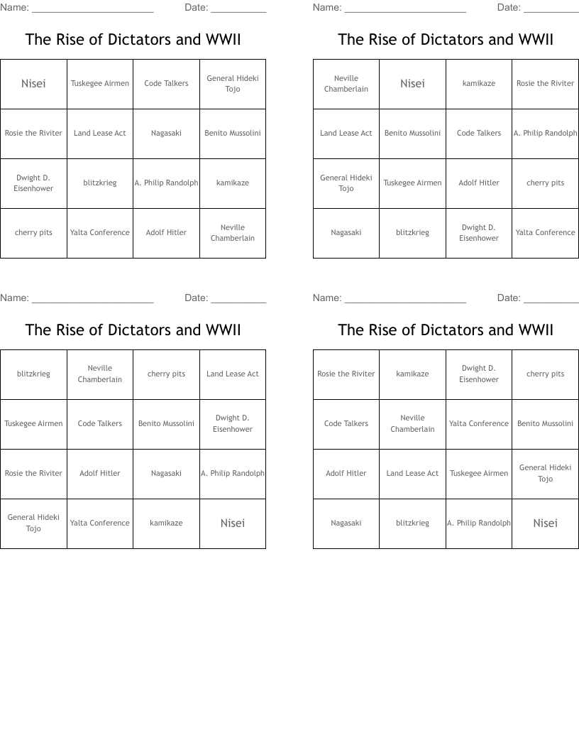 The Rise of Dictators and WWII Bingo Cards