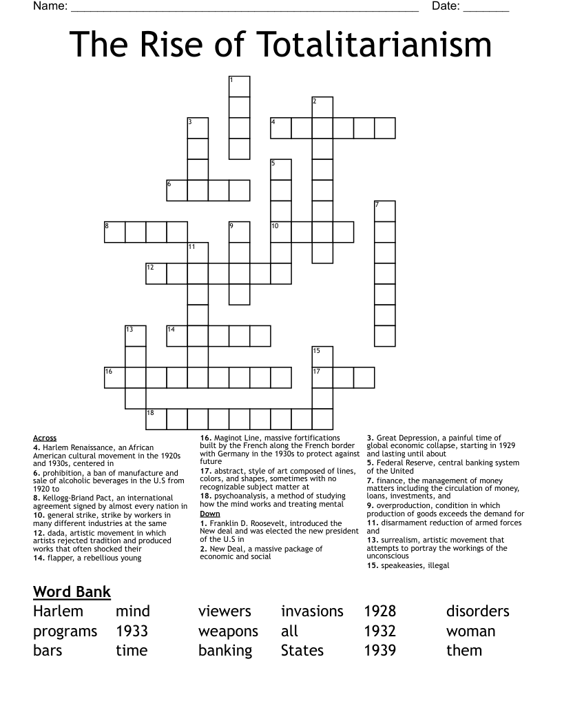 The Rise of Totalitarianism  Crossword