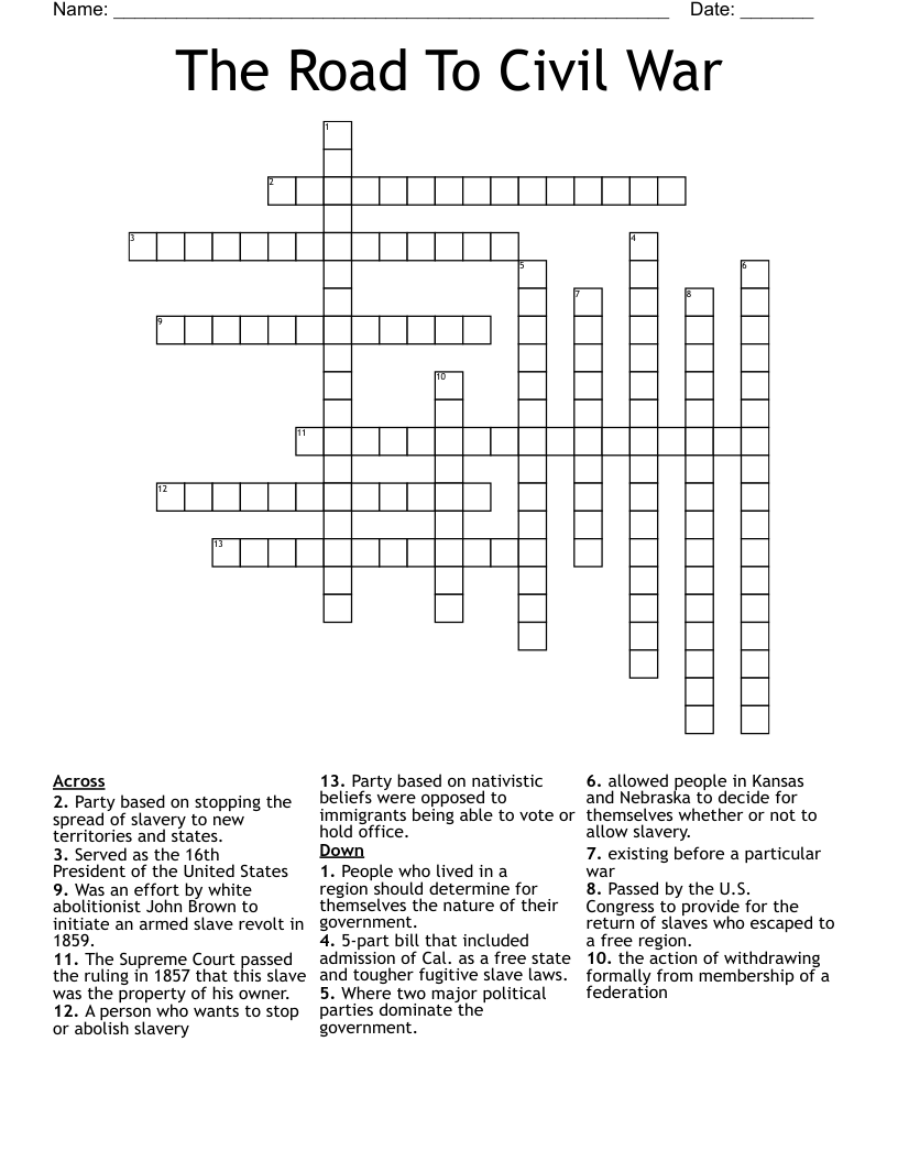 The Road To Civil War Crossword