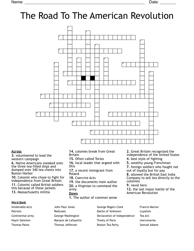 The Road To The American Revolution Crossword