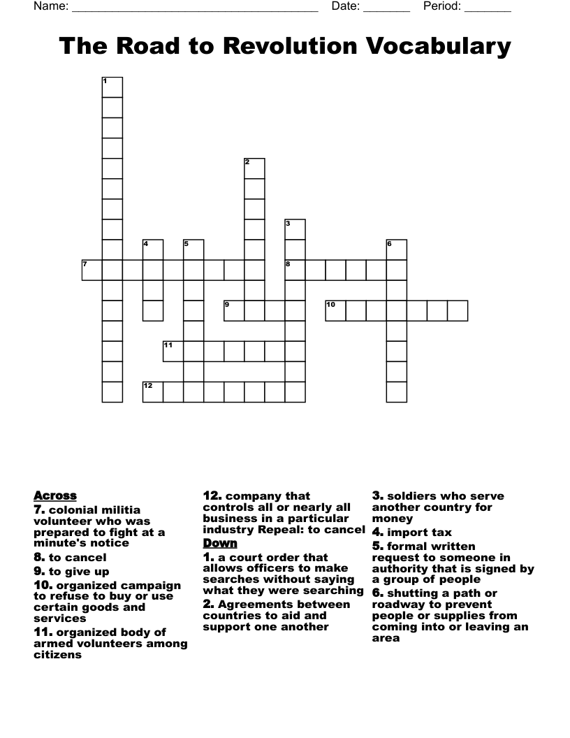 The Road to Revolution Vocabulary Crossword